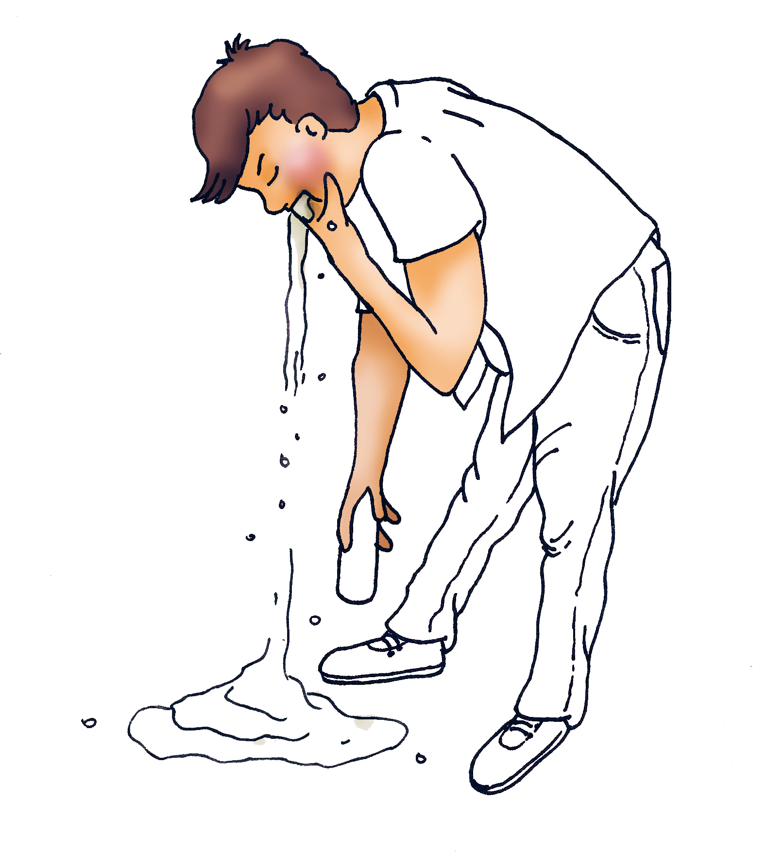 卡通男子嘔吐插圖 壁紙 — 一個穿著白色衣服的卡通男人彎腰在黑色背景的地板上嘔吐深色液體。
