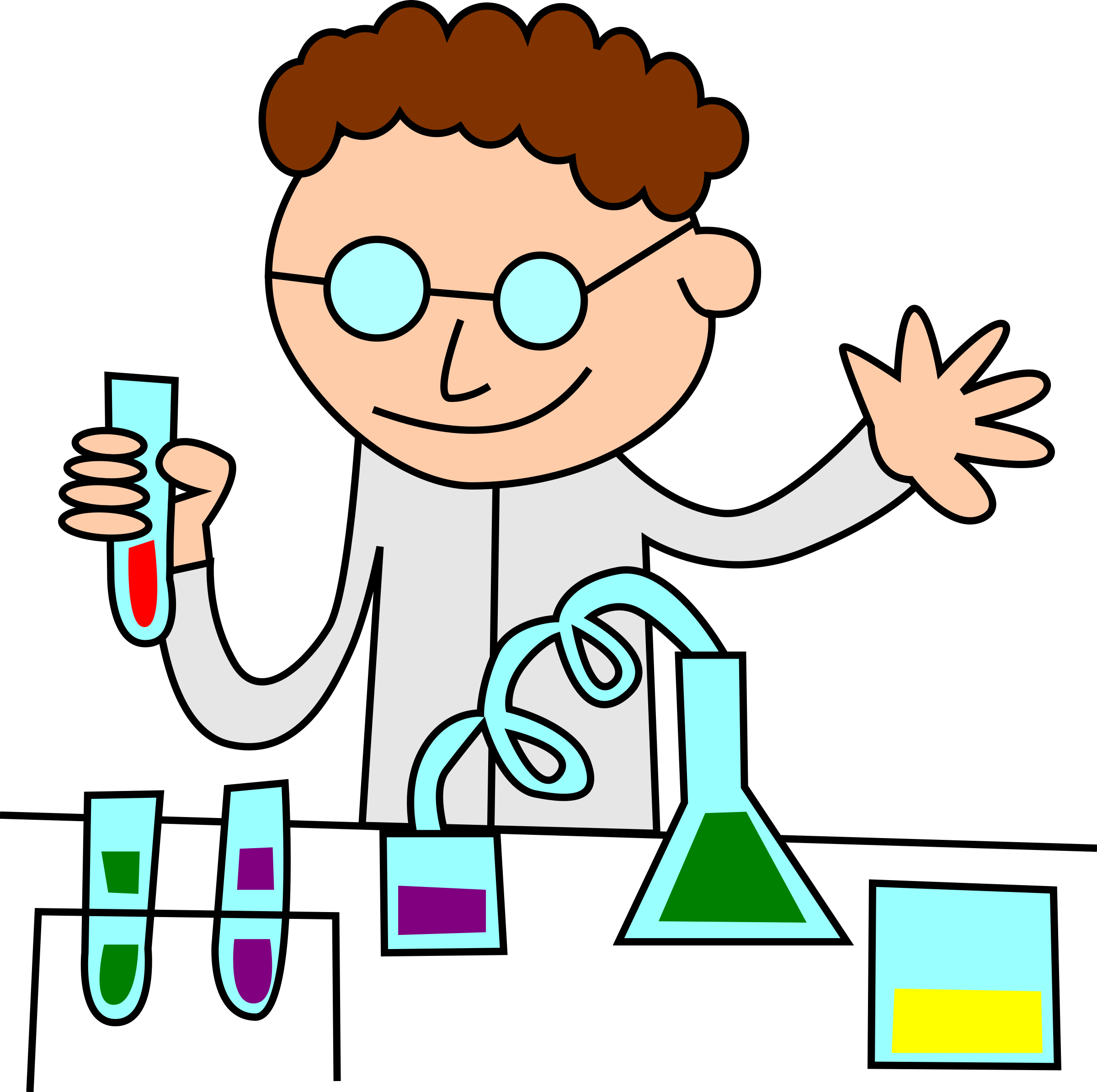 卡通科學家進行實驗 壁紙 — 一位身穿實驗室外套的開心卡通科學家，手持裝有紅色液體的試管，在色彩繽紛的實驗設備旁做手勢。