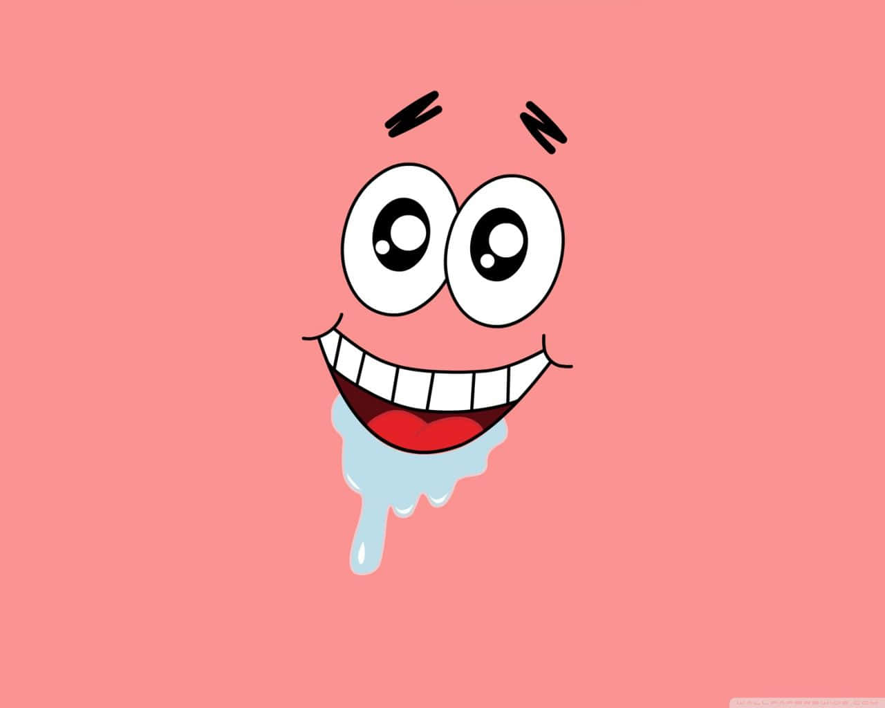 Funny Characters 桌布 壁紙 — 卡通粉紅海星，睜大眼睛，咧嘴大笑，在純粉紅背景上從嘴裡滴下冰冷的水。
