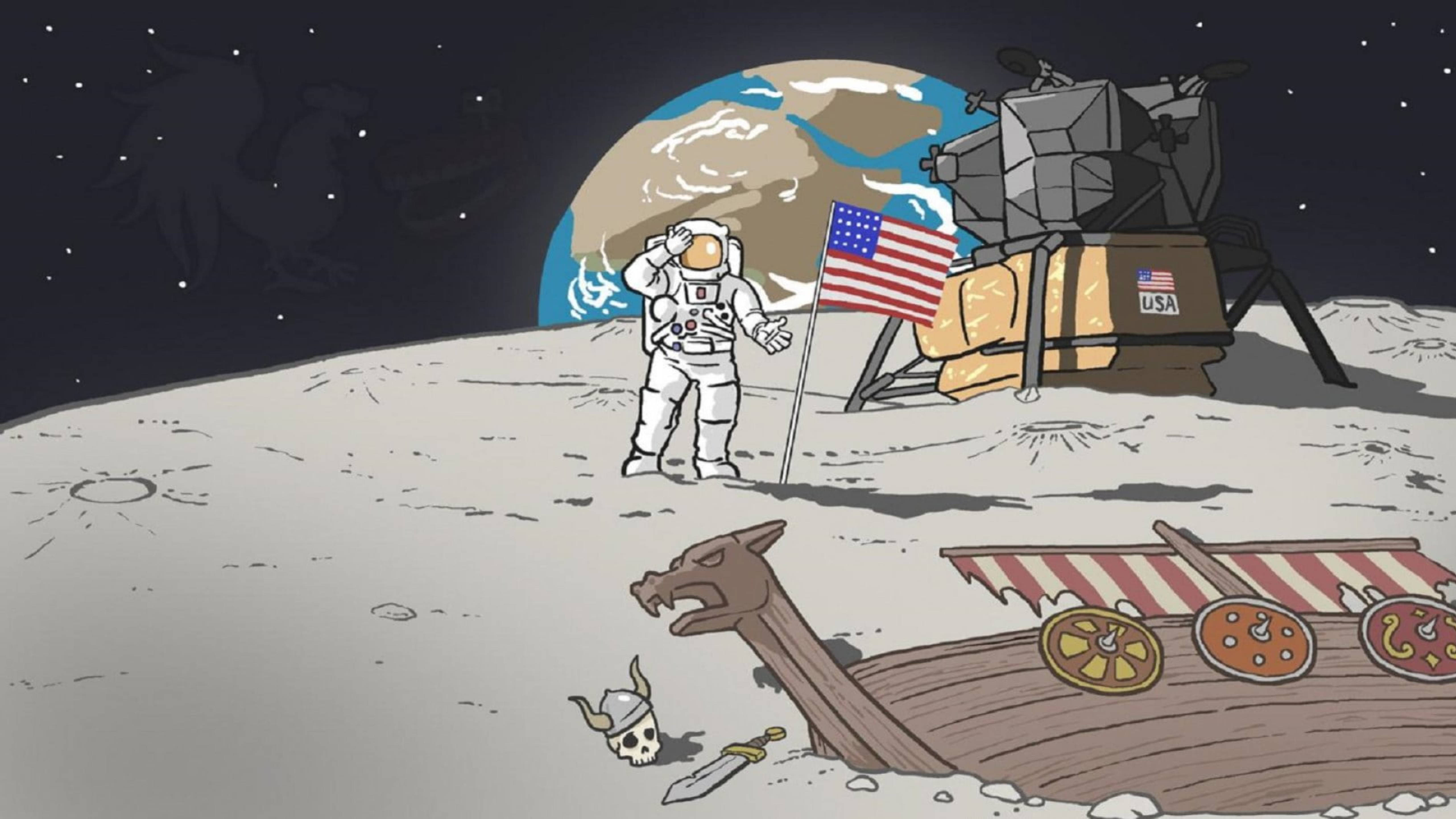 卡通維京船與太空人 壁紙 — 一名太空人在月球上向月球登陸器和美國國旗敬禮，背景有地球，附近有維京船殘骸。
