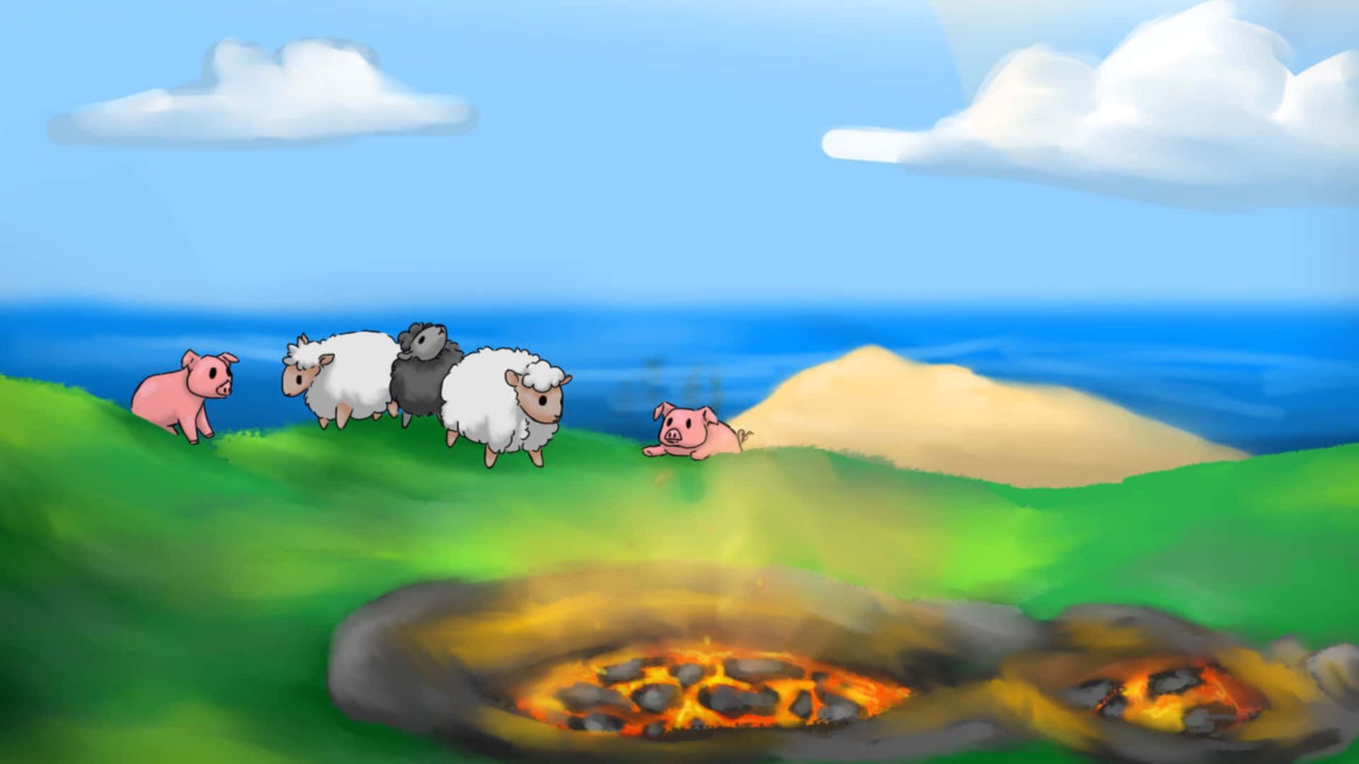 Minecraft Sheep 桌布 壁紙 — 卡通羊和豬在藍天白雲下，靠近熾熱火山口的綠色山坡上漫步。