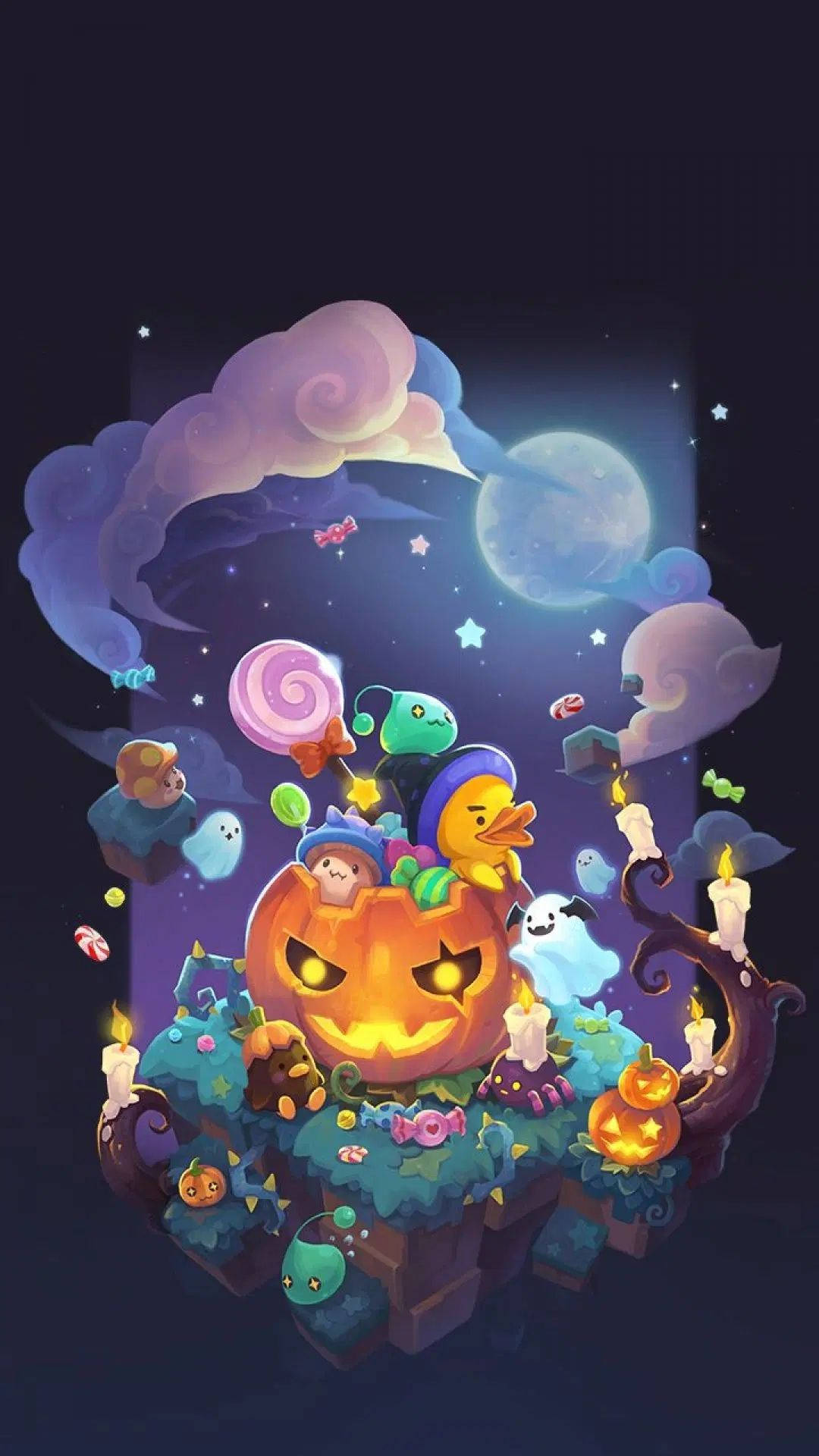 發光的傑克南瓜燈周圍環繞著糖果幽靈和星夜中的新月。