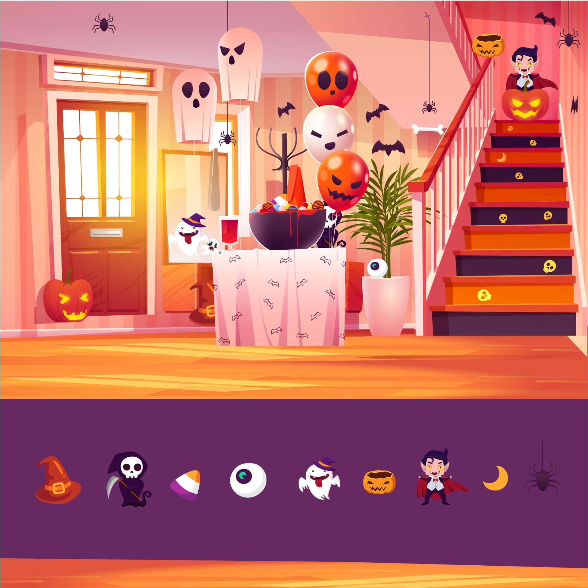 Halloween Puzzles 桌布 壁紙 — 卡通萬聖節派對在溫暖照明的房子裡，有恐怖的裝飾、鬼魂、氣球和樓梯上的吸血鬼。