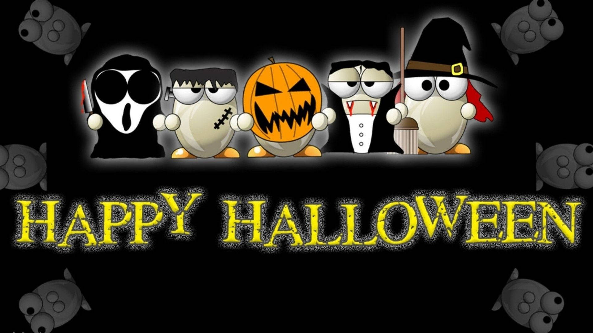 五隻穿著萬聖節服裝的企鵝，帶有「Happy Halloween」文字。