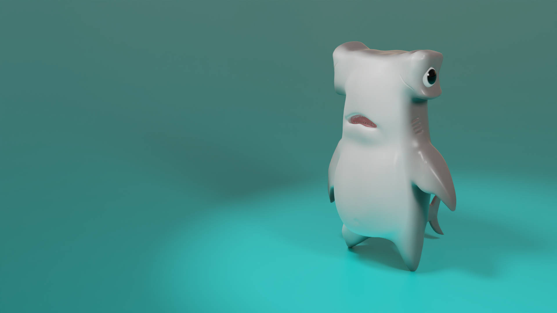 卡通藍綠色鯊魚 壁紙 — 一個可愛的3D渲染卡通雙髻鯊直立站在帶有柔和照料的青綠色漸變背景上。
