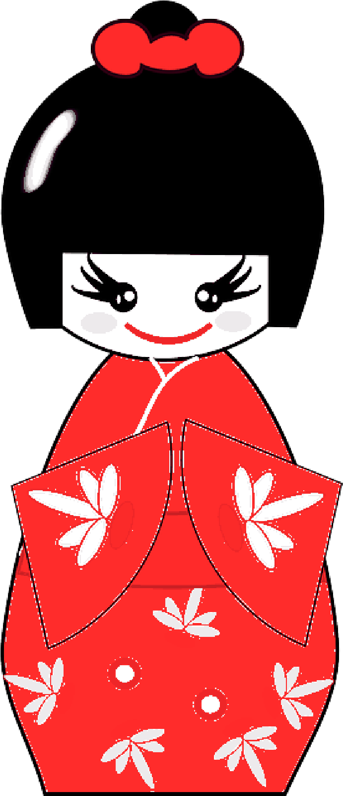 卡通藝伎紅色和服 壁紙 — 一個快樂的卡通小芥子娃娃，黑色波波頭，紅色蝴蝶結，紅色和服飾有白色葉子圖案。