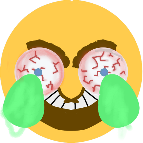 卡通血絲眼手套頭像 壁紙 — 一個卡通表情符號臉，眼睛佈滿血絲，流著綠色眼淚，在黃色背景上狂笑。