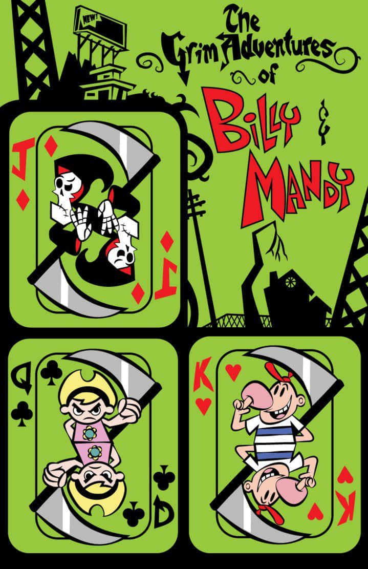 the grim adventures of billy and mandy 桌布 壁紙 — 卡通角色 Billy 和 Mandy 出現在綠色背景的撲克牌上，帶有詭異的剪影。