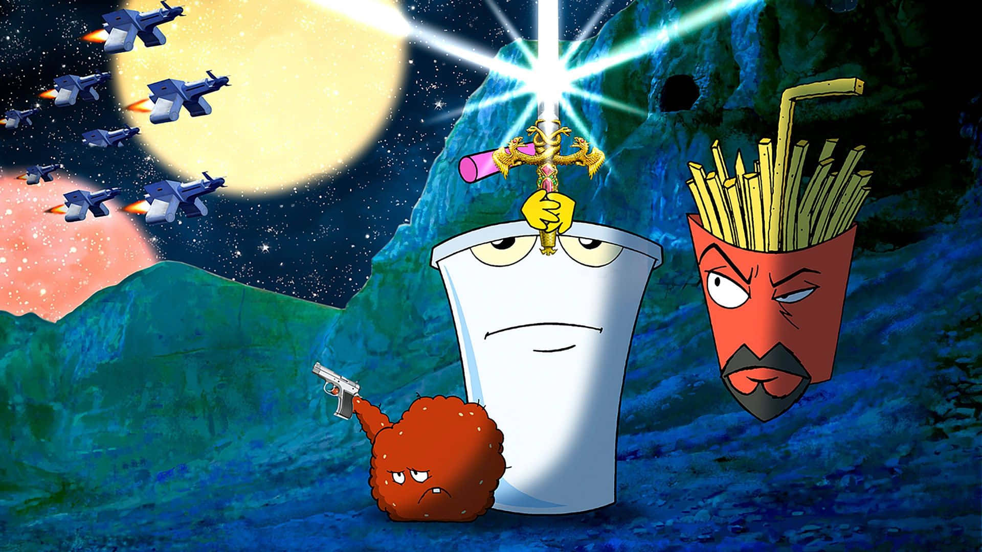 Aqua Teen Hunger Force 桌布 壁紙 — 卡通角色，包括一個有眼睛的杯子和一個薯條容器臉，站在一個發光月亮下的岩石行星上，戰鬥機在頭頂飛過。