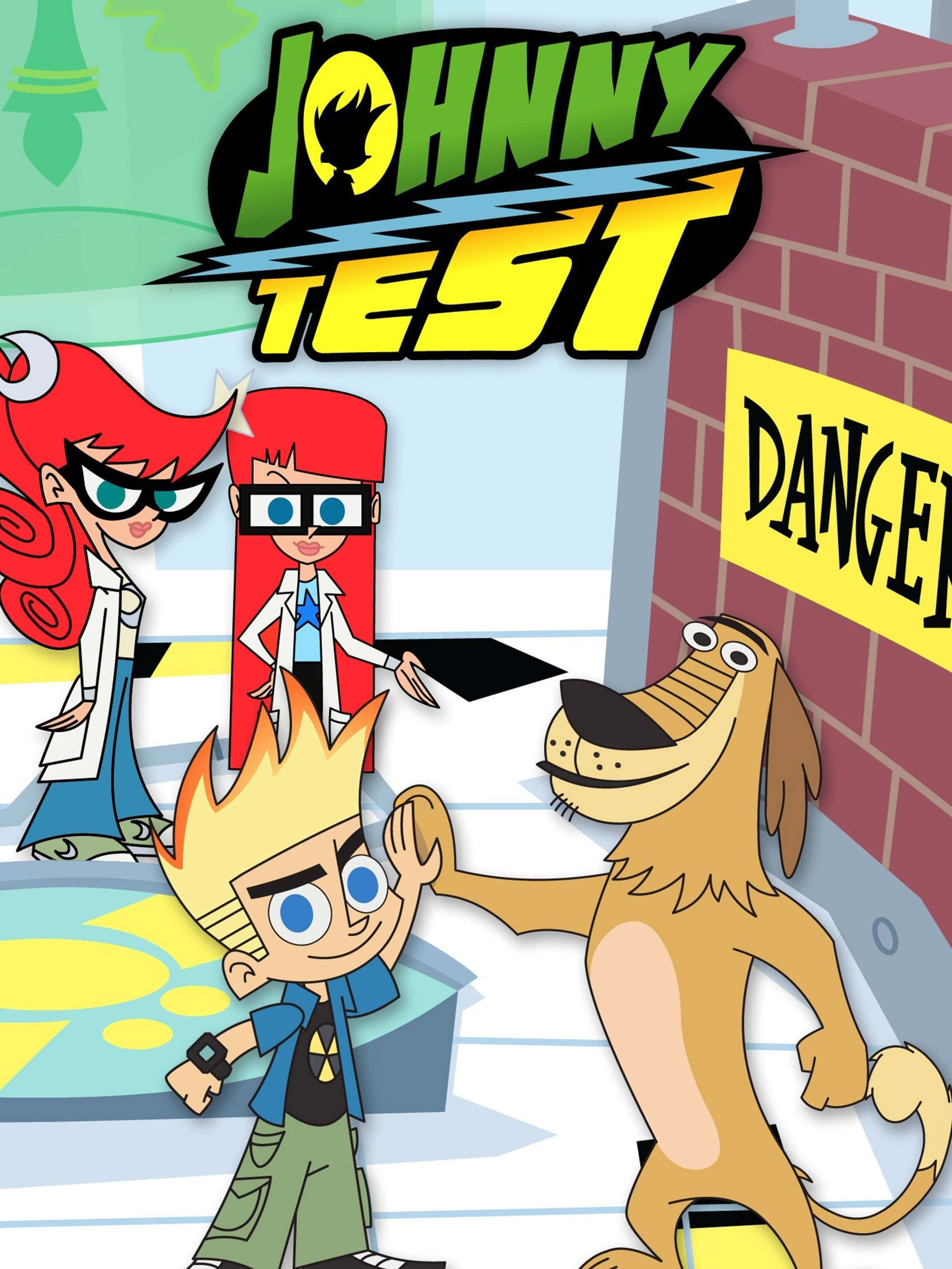 Johnny Test 桌布 壁紙 — 卡通角色Johnny Test和他的姐妹們與他們的狗站在設有危險標誌的實驗室中。