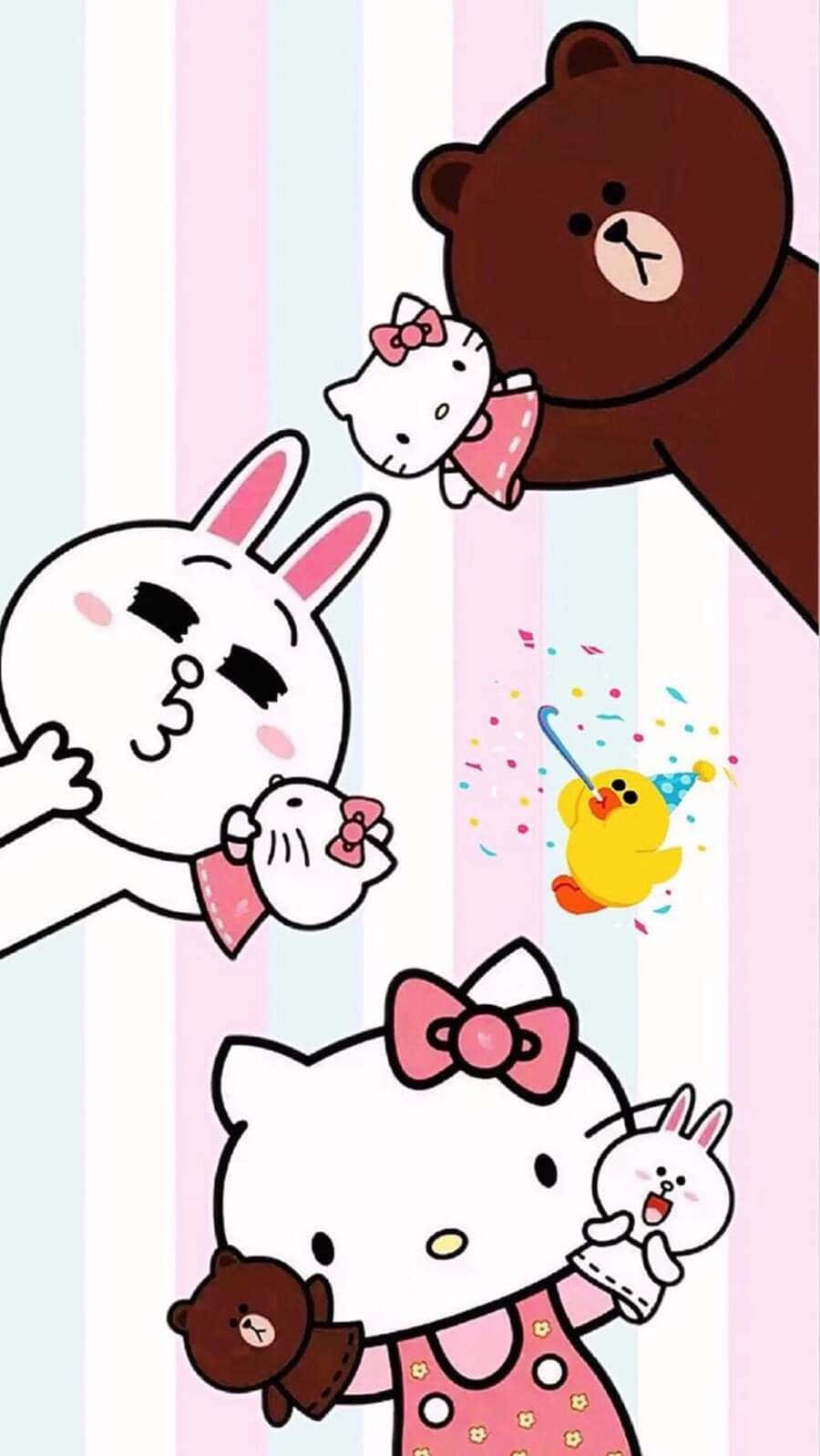 Hello Kitty And Friends 桌布 壁紙 — 卡通角色包括Hello Kitty Brown Bear和Rabbit在粉彩條紋壁紙前用五彩紙屑慶祝。