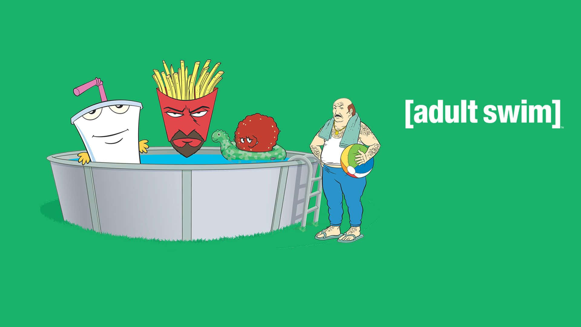 Aqua Teen Hunger Force 桌布 壁紙 — 卡通角色包括飲品杯、薯條和肉丸在兒童泳池中放鬆，而一名男子站在附近拿著沙灘球。