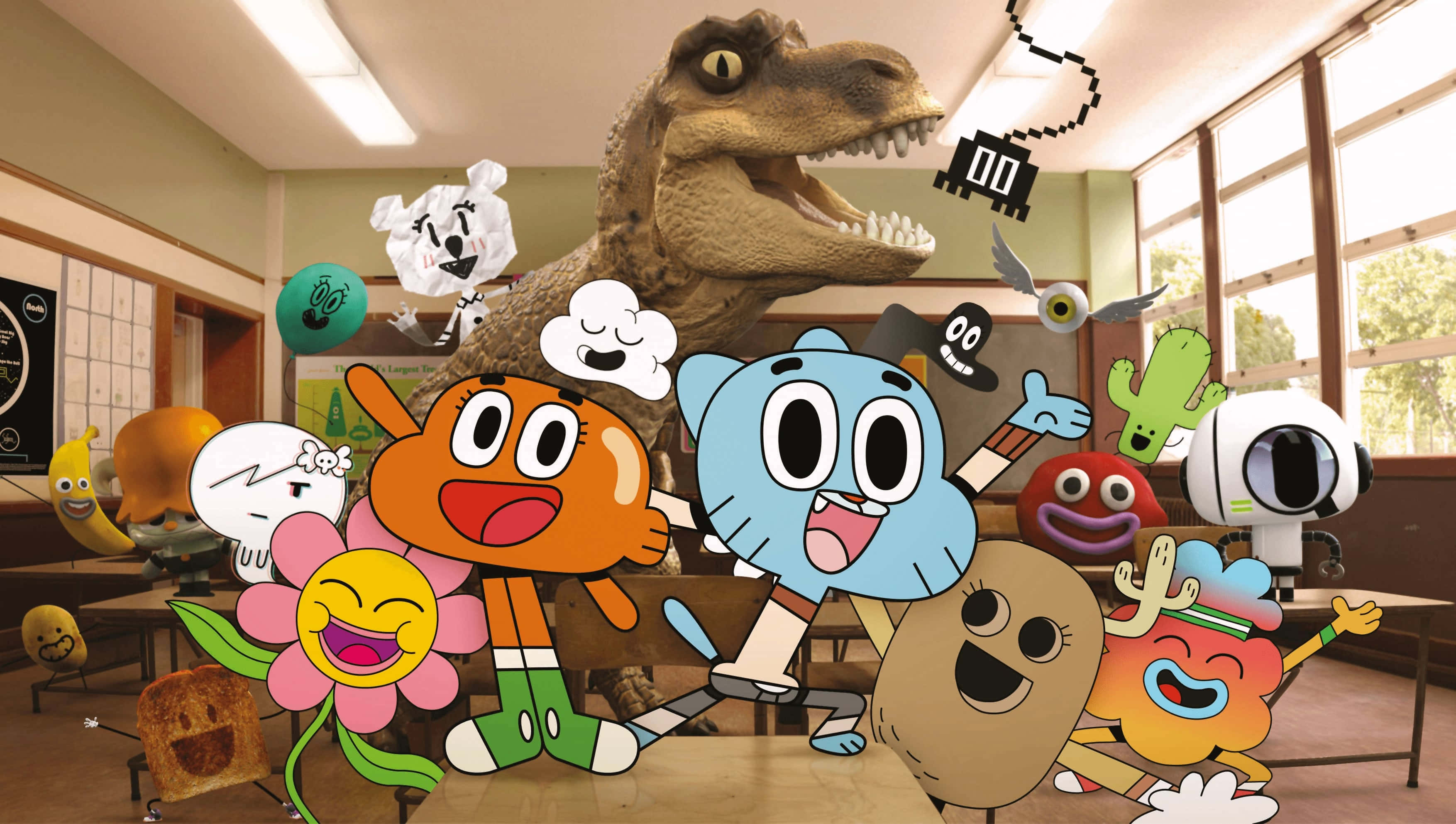 Gumball And Darwin 桌布 壁紙 — 卡通角色和一隻恐龍衝破課室窗戶，場面混亂而歡樂。