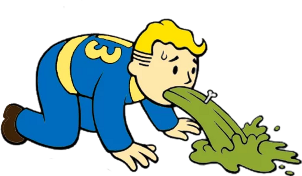 卡通角色嘔吐場景 壁紙 — 一個穿著藍色連身衣的卡通Vault Boy在黑色背景上嘔吐綠色黏液，裡面嵌著螺絲。