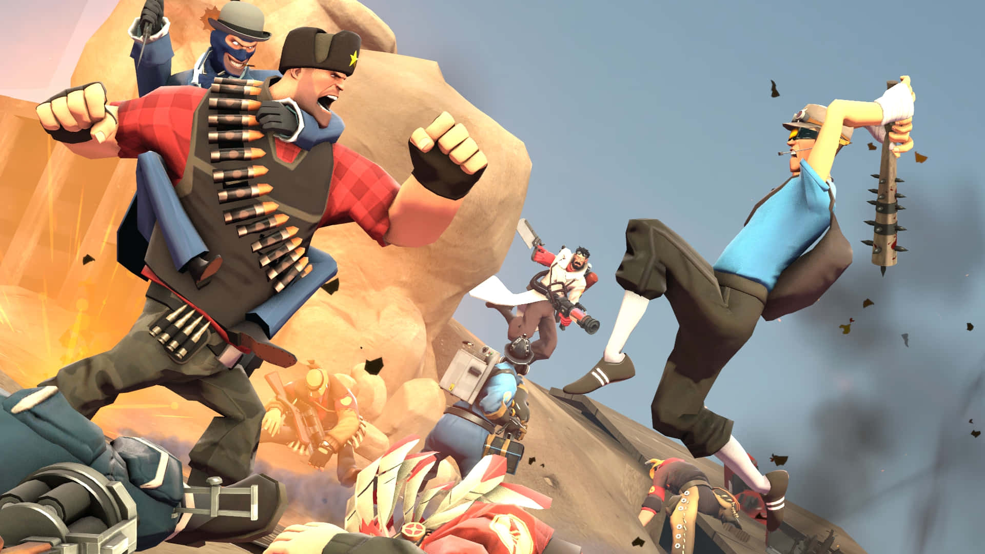 Steam Games 桌布 壁紙 — 卡通角色在岩石地形上進行混亂的戰鬥場景，伴有爆炸和飛散的碎片。
