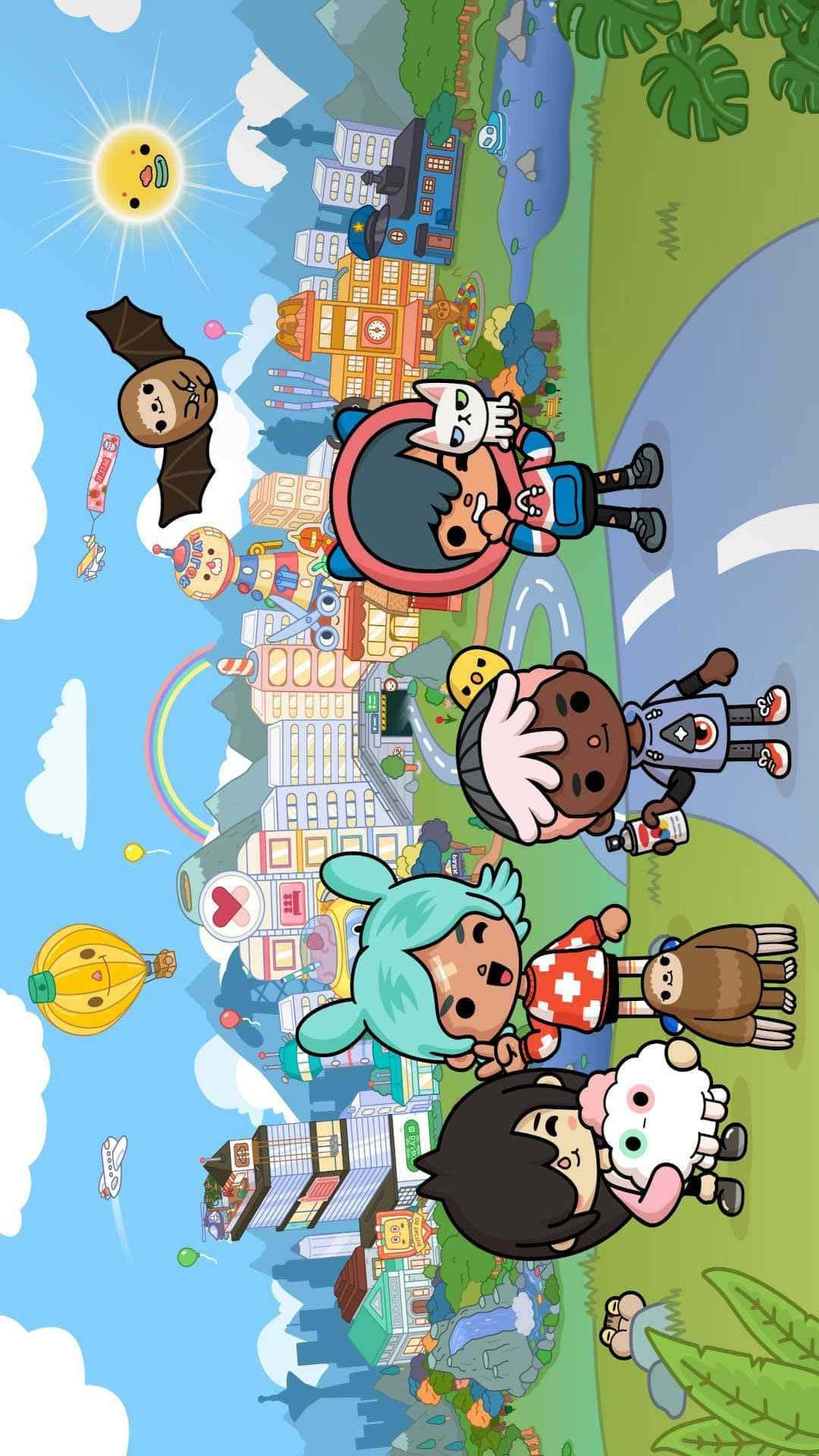 toca boca 桌布 壁紙 — 卡通角色在微笑的太陽、彩虹和熱氣球下漂浮在充滿活力的城市景觀之上。