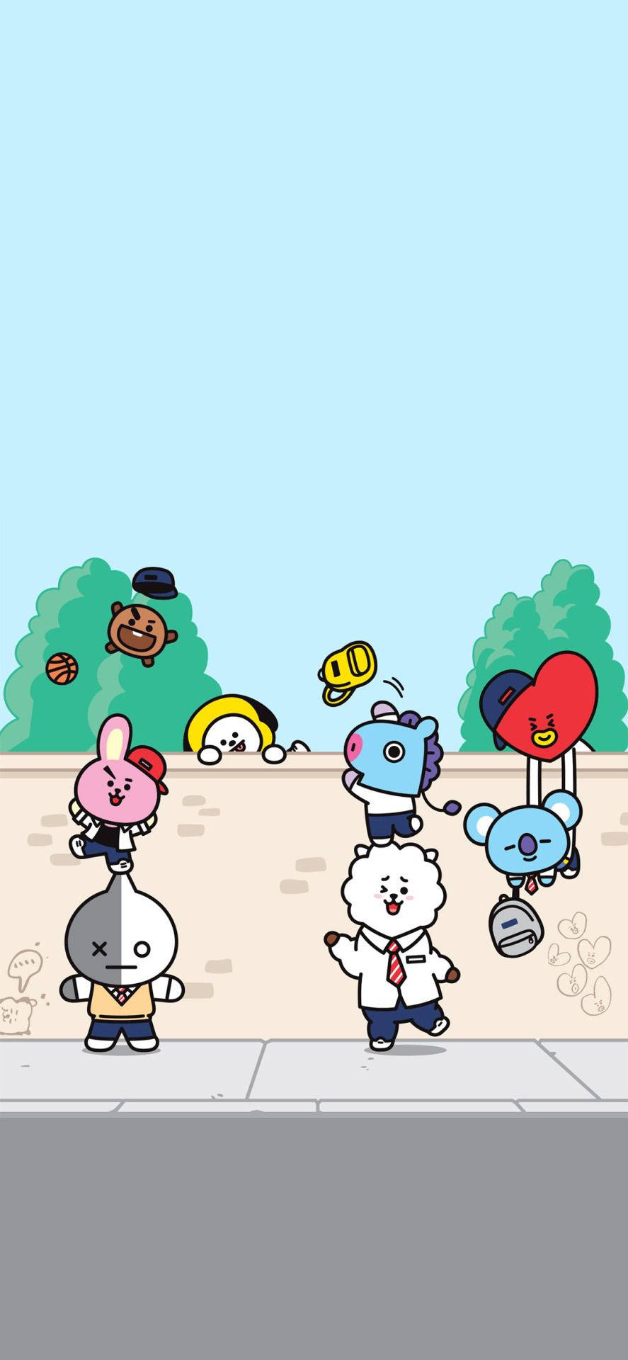 BT21 桌布 壁紙 — 卡通角色在晴朗藍天下，有樹木和人行道的趣味戶外場景。