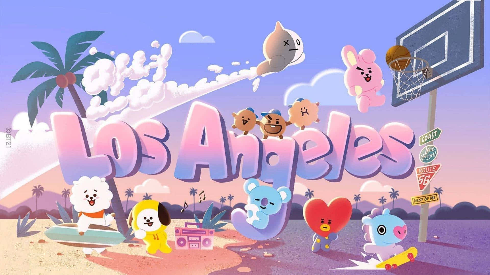 BT21 桌布 壁紙 — 卡通角色在粉彩天空下打籃球和衝浪，背景有棕櫚樹和'Los Angeles'字樣。