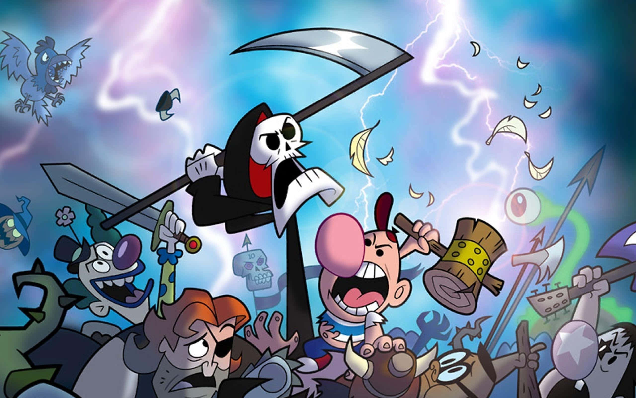 the grim adventures of billy and mandy 桌布 壁紙 — 卡通角色在閃電和漂浮羽毛中與骷髏死神戰鬥的混亂天空場景。