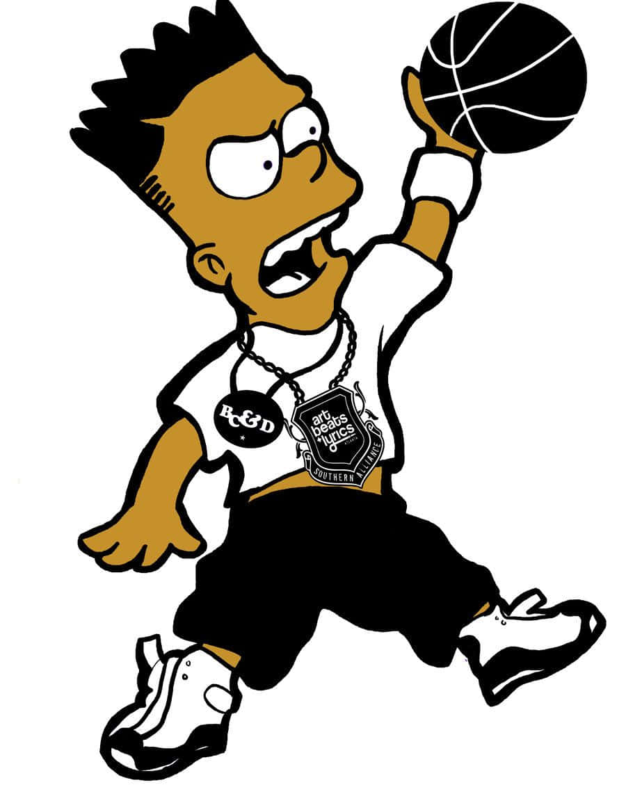 Bart Simpson Gangster 桌布 壁紙 — 卡通角色巴特·辛普森以強烈表情和動態姿勢灌籃。