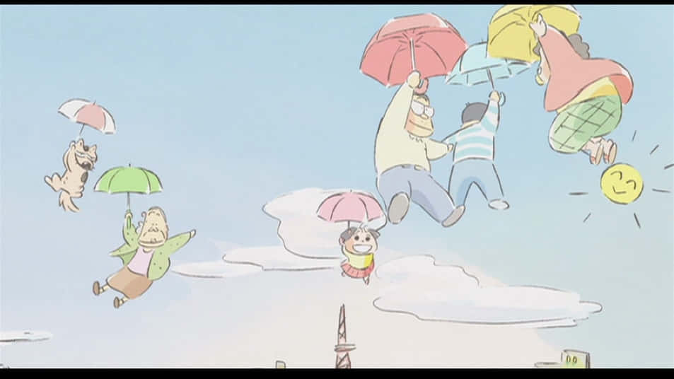 My Neighbors The Yamadas 桌布 壁紙 — 卡通角色愉快地漂浮在明亮的天空中，手持彩色雨傘，伴隨著微笑的太陽。