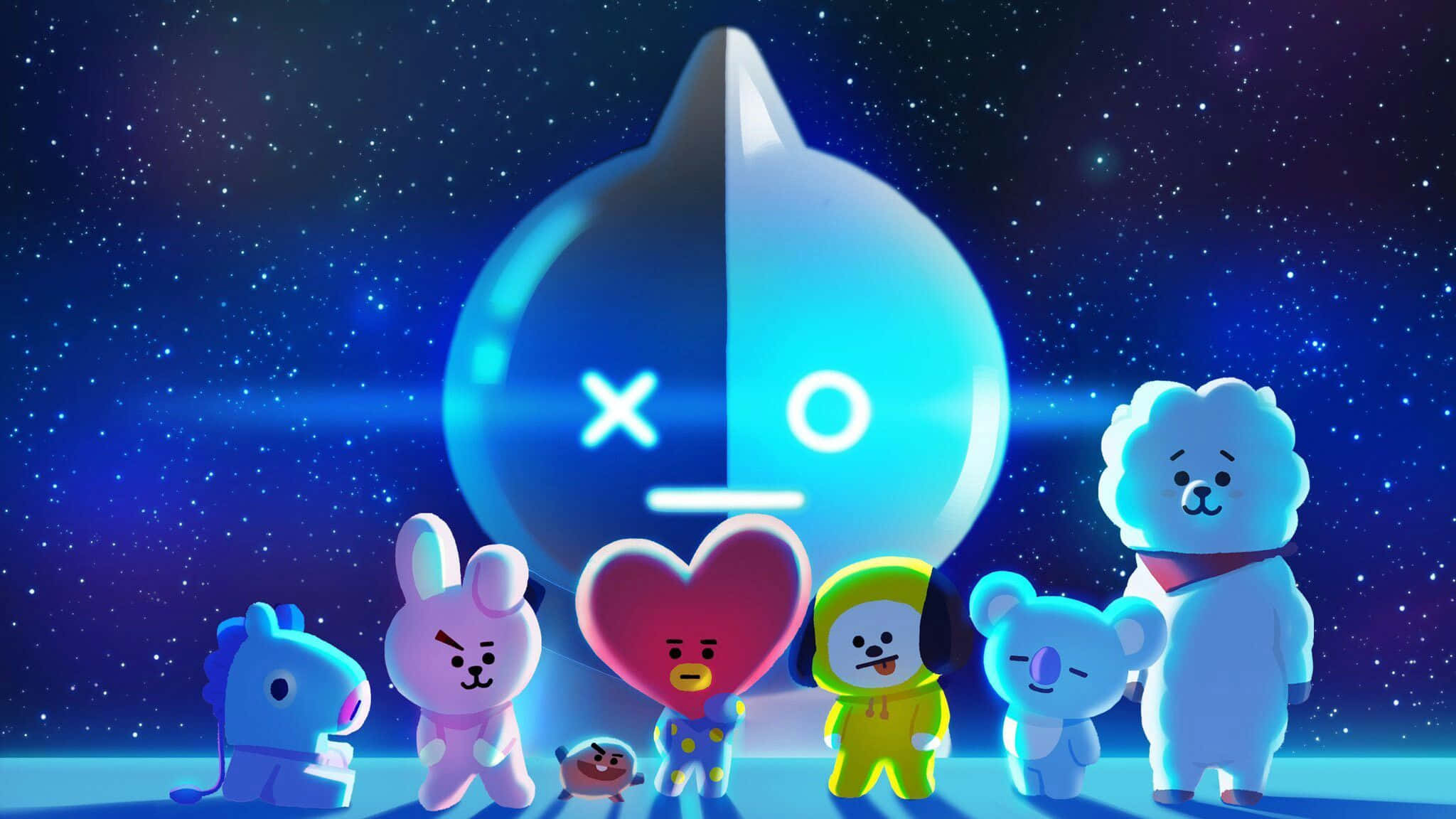 BT21 桌布 壁紙 — 卡通角色站在一個發光的藍色星球前，星球上有X和O眼睛，背景是繁星點點的夜空。