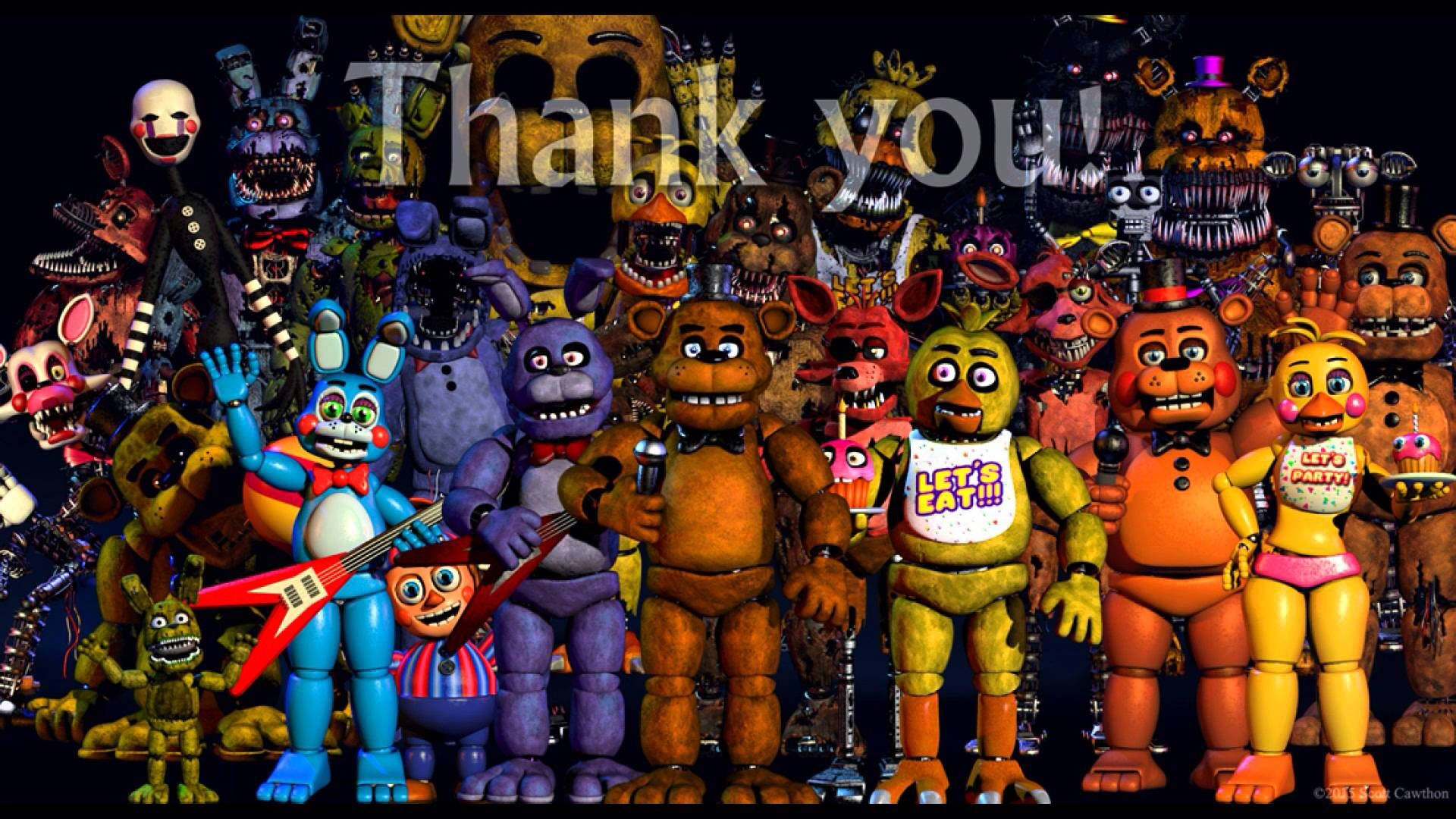 一群 Freddy Fazbear 電子動畫角色擺姿勢，帶有「謝謝！」文字。