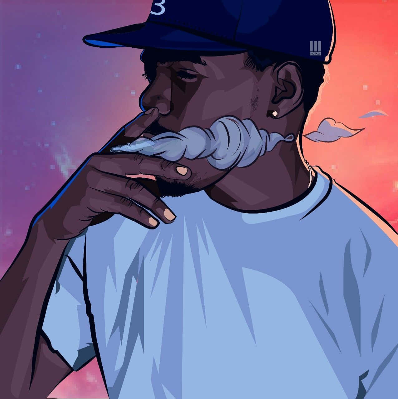 戴帽子的男子在色彩繽紛的天空下呼出煙霧