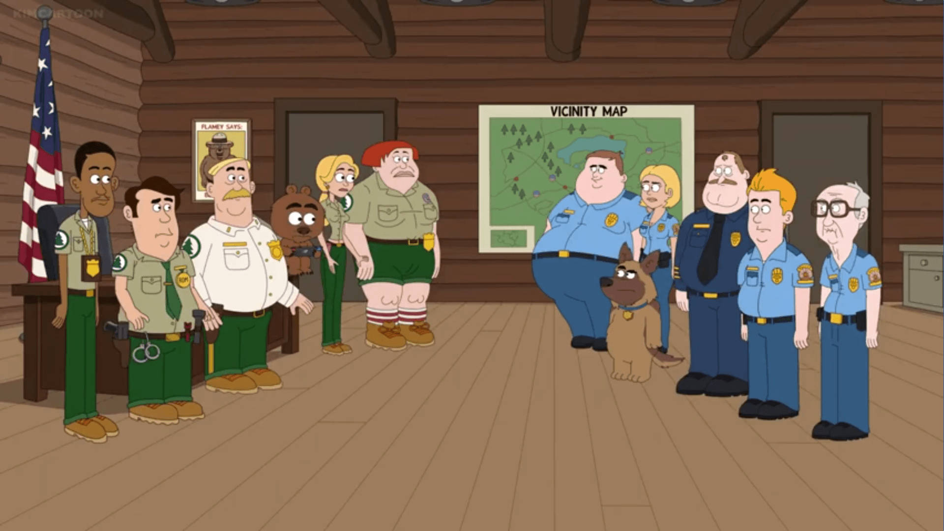 Brickleberry x Paradise PD 壁紙 — 卡通警察和公園管理員站在一個有地圖和美國國旗的木屋房間裡。