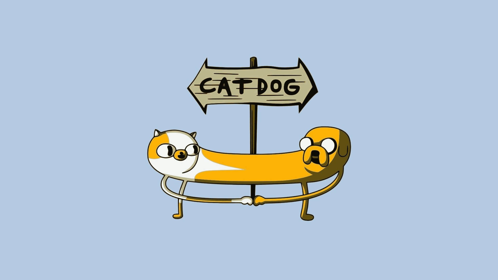 卡通貓和狗融合在一起，拿著一個catdog牌子。