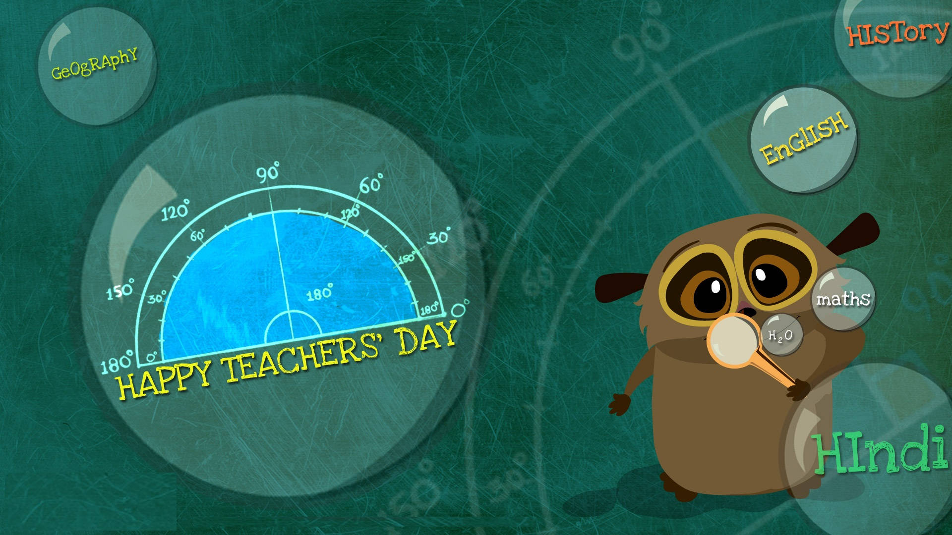 Happy Teachers Day 桌布 壁紙 — 卡通貓頭鷹老師拿著放大鏡，放在黑板上的量角器上，黑板上有浮動的學科氣泡。