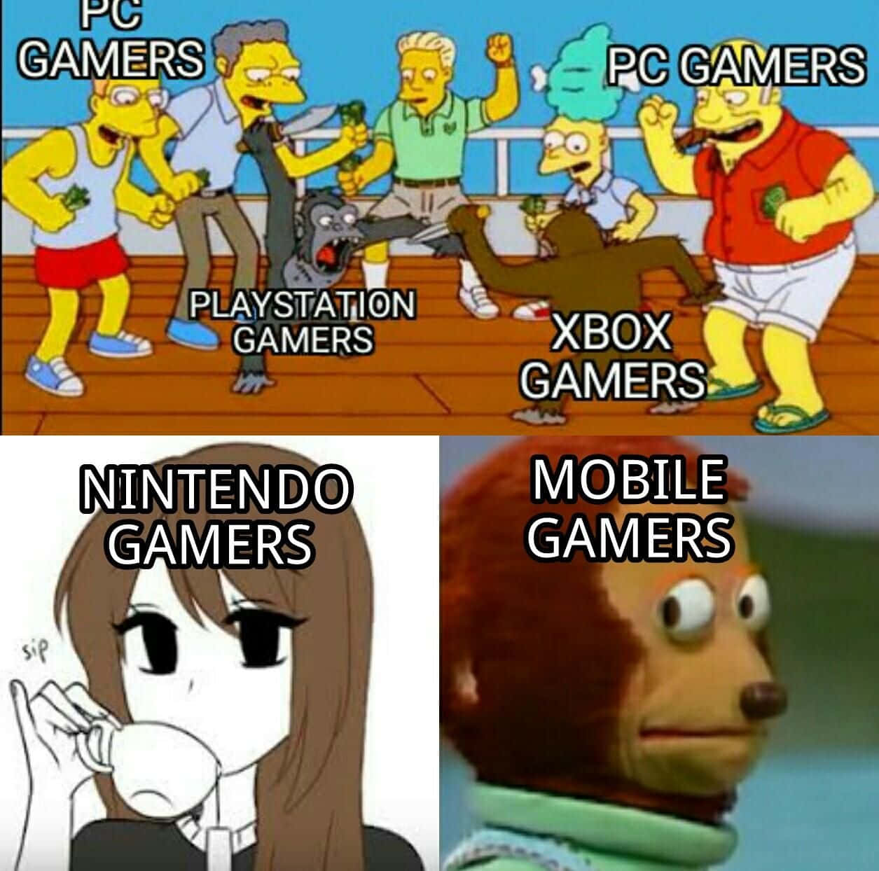Gaming Memes 桌布 壁紙 — 卡通迷因描繪PC、PlayStation、Xbox、Nintendo和手機遊戲玩家在幽默的競爭場景中。