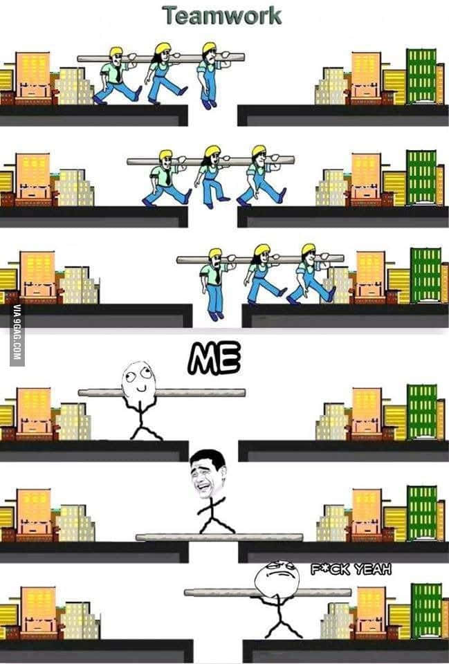 Teamwork Memes 桌布 壁紙 — 卡通迷因顯示團隊一起扛著橫樑，然後一人獨自接手，表現出誇張的喜悅。