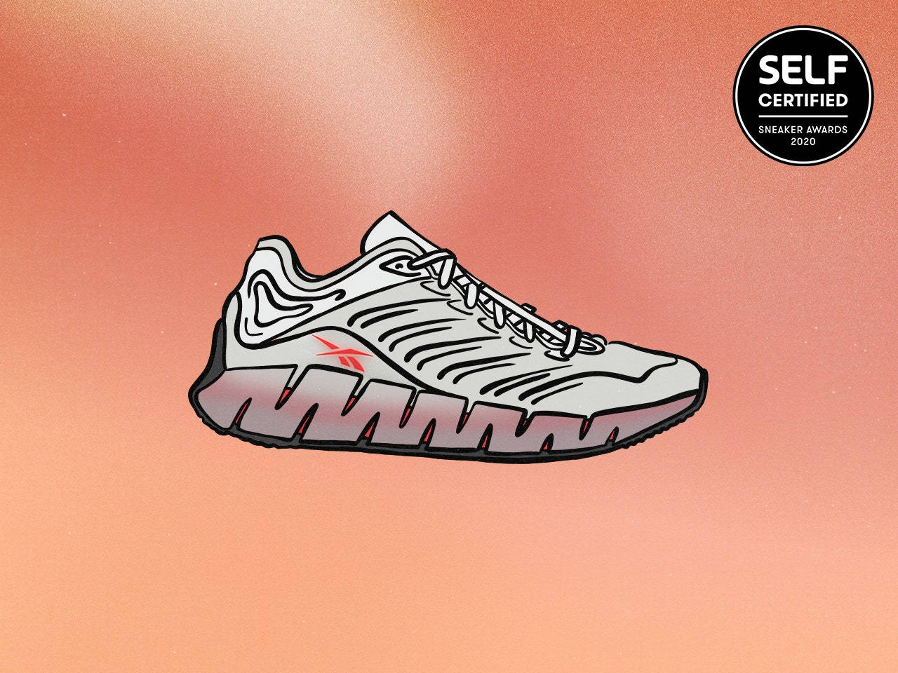 卡通運動鞋Reebok Zig Kinetica 壁紙 — 一隻風格化的白色運動鞋，帶有紅色標誌和黑色輪廓，漂浮在柔和的桃色漸變背景上。