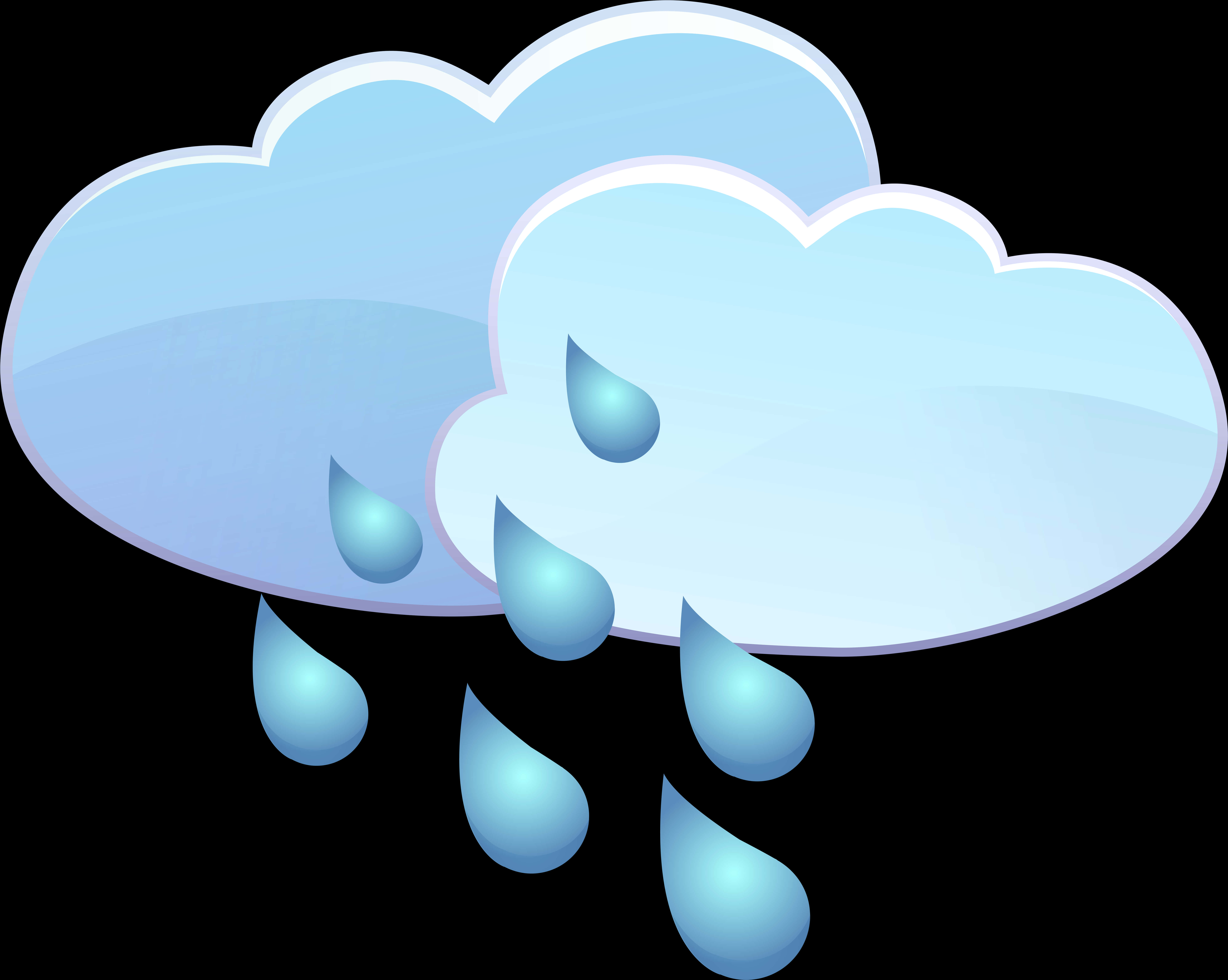 卡通雨雲 壁紙 — 卡通風格淺藍色雲朵，帶有光澤雨滴落在黑色背景上。