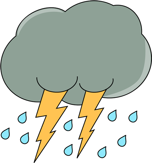 卡通雷暴雲 壁紙 — 一個卡通雷雨雲，帶有兩道黃色閃電和藍色雨滴，在黑色背景上落下。