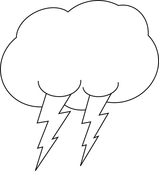 卡通雷雨雲向量圖 壁紙 — 一個簡單的黑色輪廓雲，有兩道閃電向下擊中白色背景。