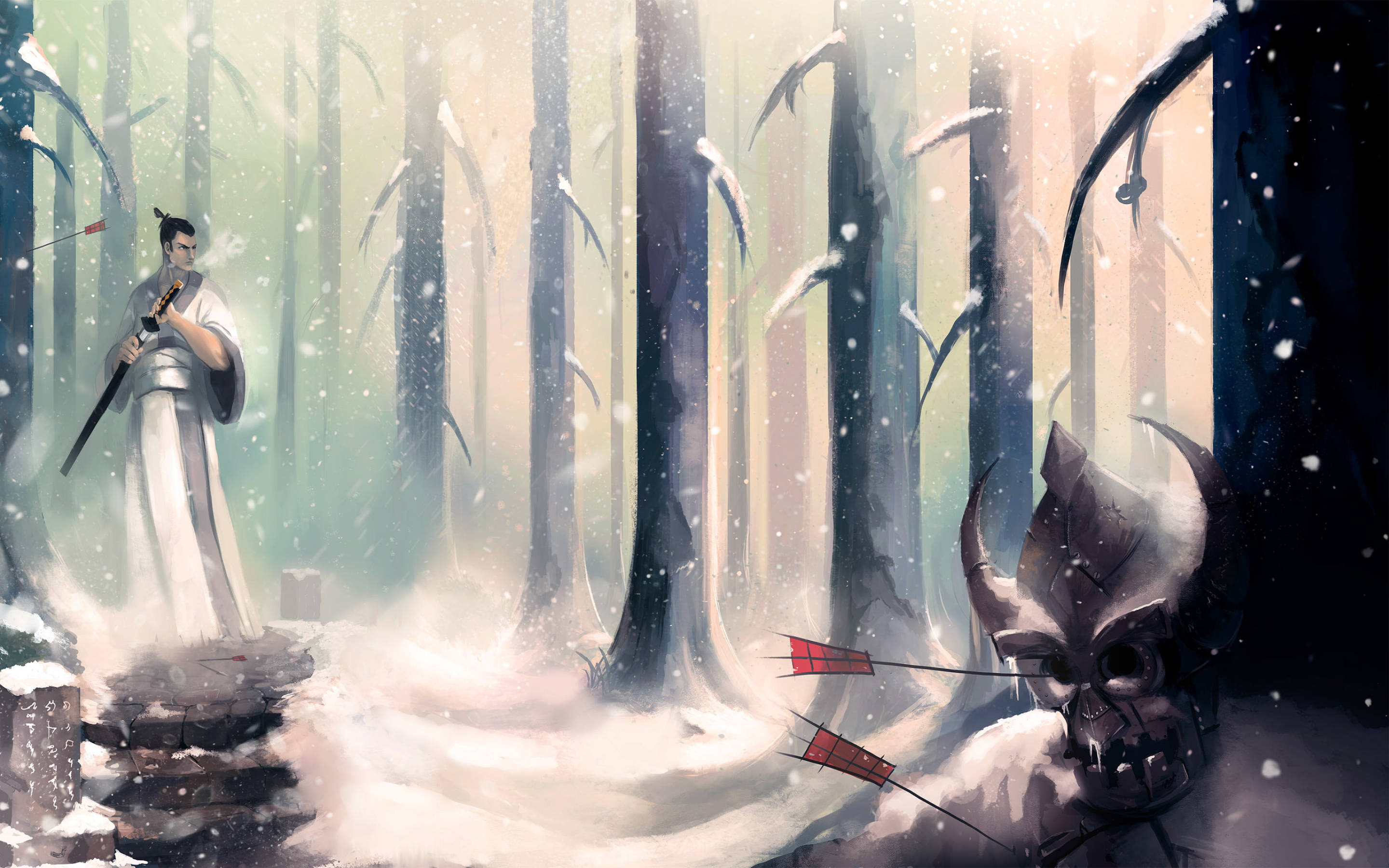卡通頻道《Samurai Jack》傑克雪林戰鬥 壁紙 — 一位身穿白袍的武士在雪地森林中持劍待發，前景中箭矢貫穿一個惡魔頭骨。