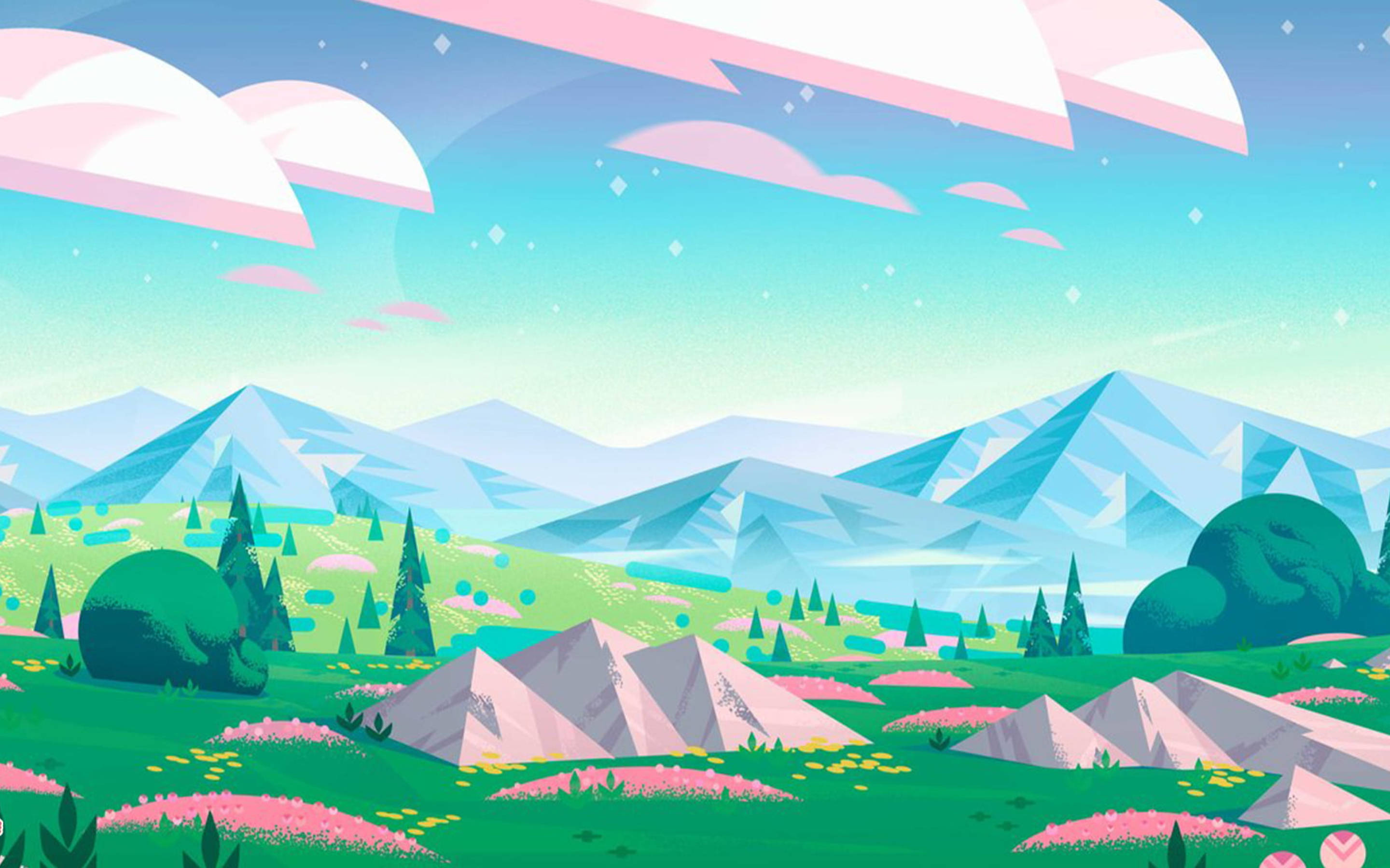 卡通頻道《Steven Universe》水晶山脈 壁紙 — 風格化的粉彩風景，包含幾何山脈、綠色山丘和漸變天空下的粉紅雲朵。