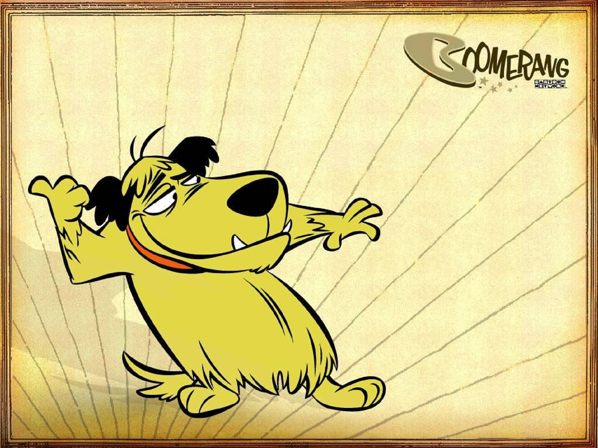 卡通頻道《瘋狂賽車》Muttley 壁紙 — 一隻黃色卡通狗，黑色毛髮，紅色項圈，在帶有對角線的米色背景前擺出俏皮姿勢。