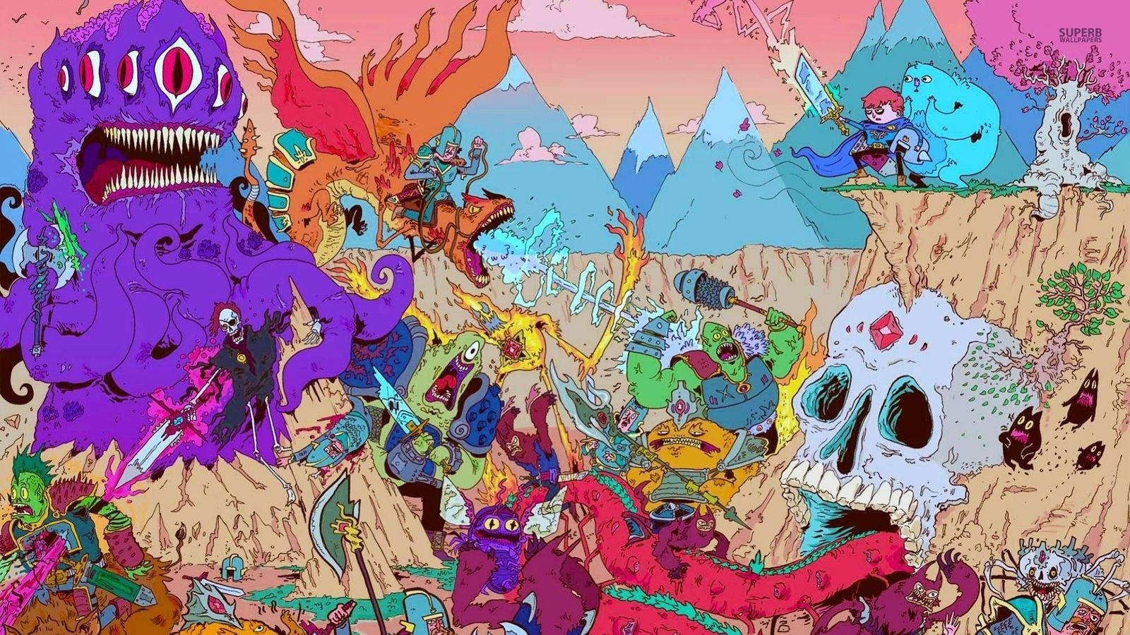 卡通頻道冒險時光角色群 壁紙 — 一個混亂的奇幻戰鬥場景，色彩繽紛的卡通怪物和英雄在懸崖頂上對抗夕陽天空。