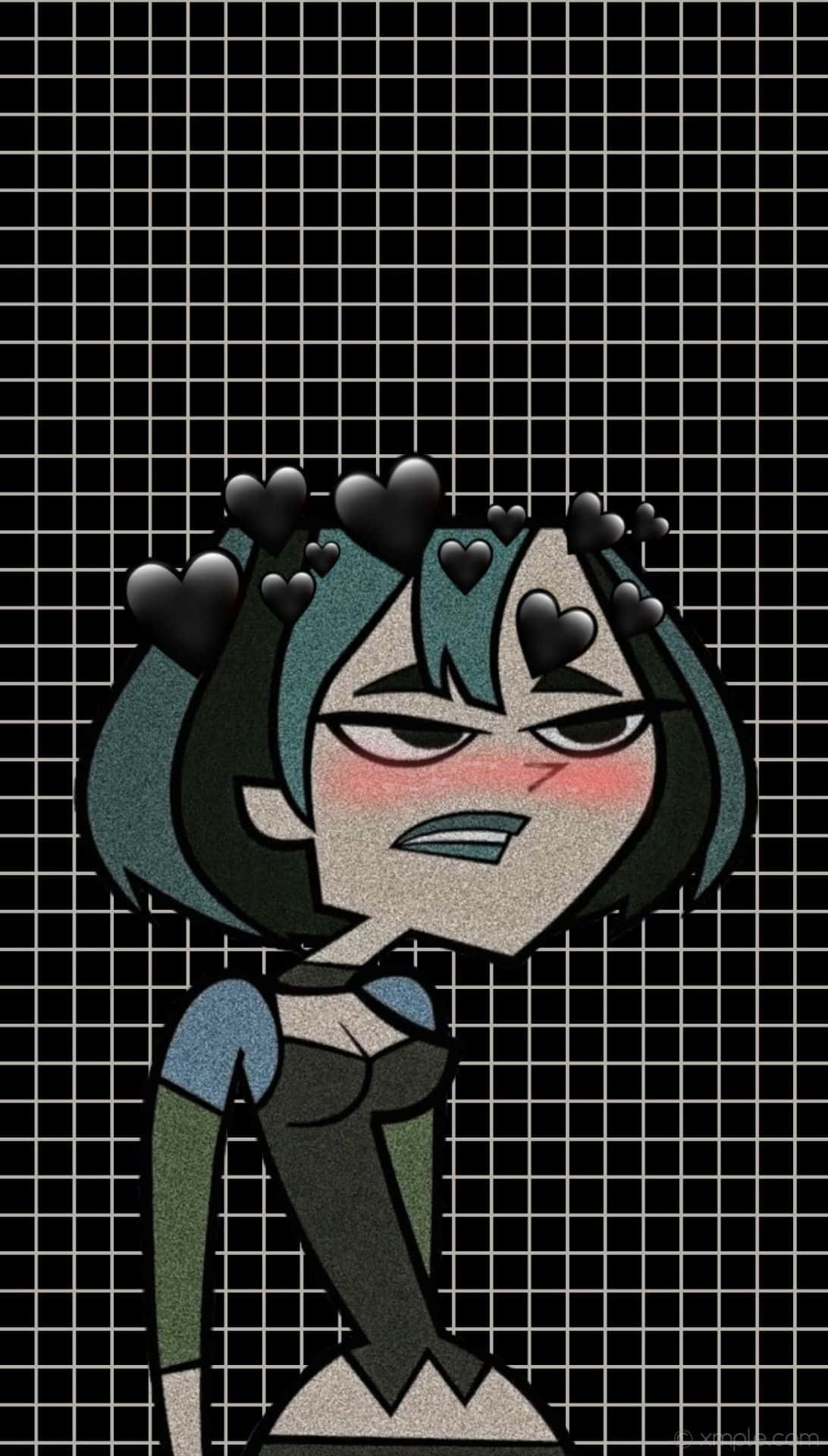 卡通頻道熱門節目《Total Drama》，現已推出DVD！ 壁紙 — 一個動漫女孩，擁有青綠色頭髮和憤怒表情，黑色心形在她頭頂漂浮，背景是黑色網格。