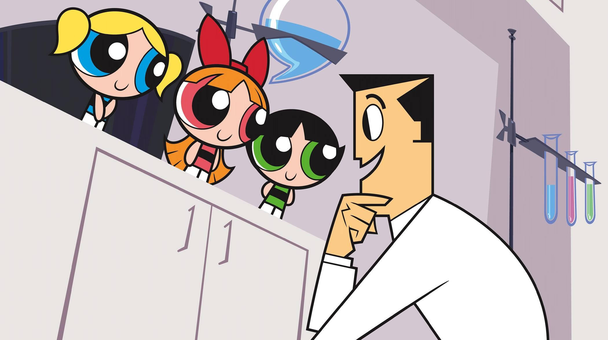 卡通頻道角色《The Powerpuff Girls》 壁紙 — 三個大眼睛的卡通女孩從實驗枱後偷看一位穿著白色實驗袍、面帶微笑的科學家。