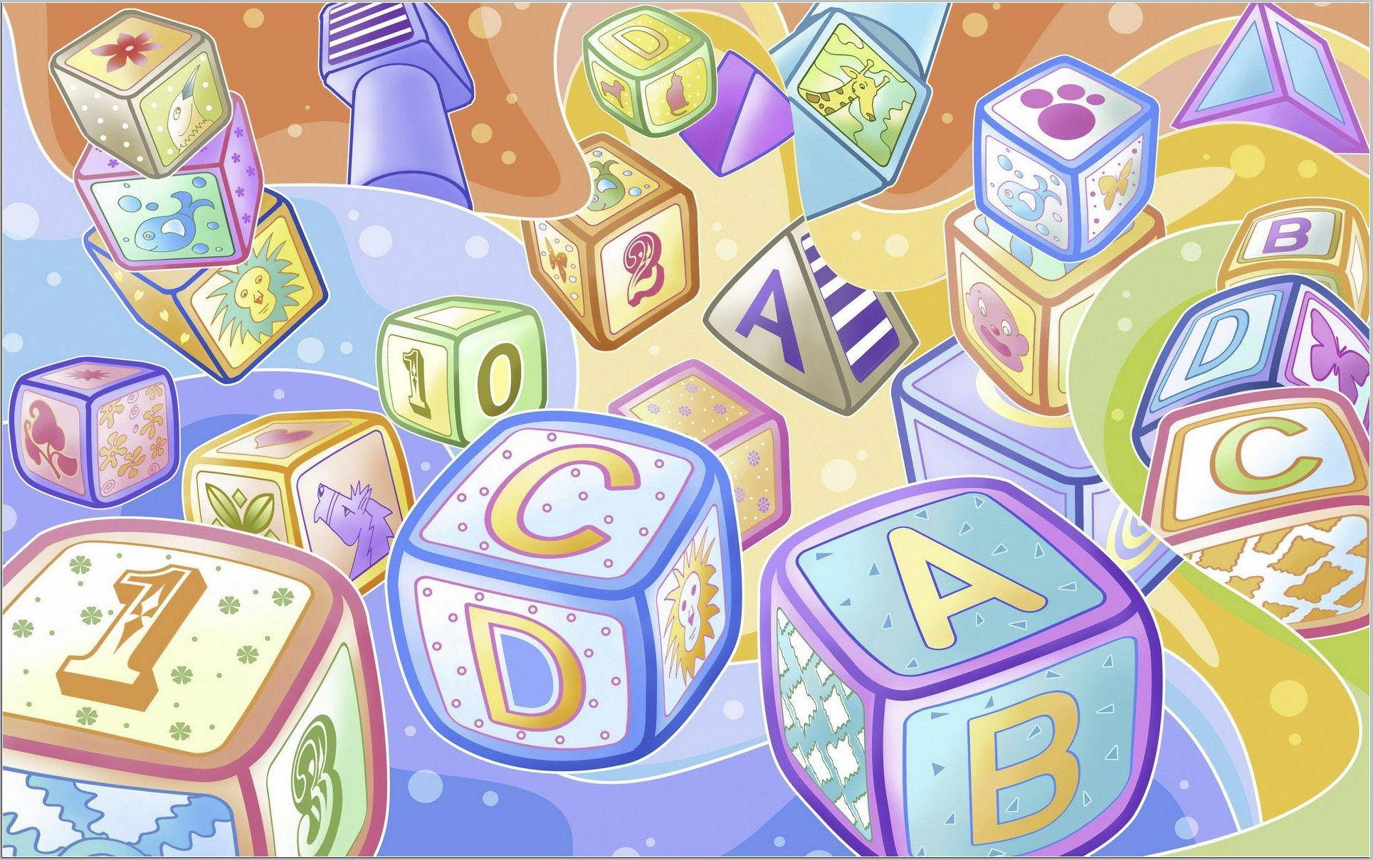 卡通風格ABC積木插畫 壁紙 — 色彩繽紛的漂浮字母和數字方塊，帶有俏皮圖案，在夢幻的粉彩漩渦中飄動。