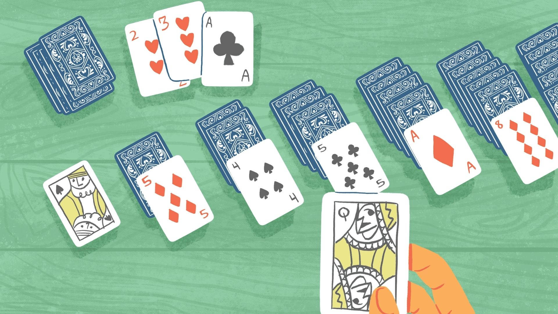 卡通風格單人紙牌遊戲 壁紙 — 一隻手喺綠色木枱上嘅散落啤牌上方拎住一張黑桃皇后牌。