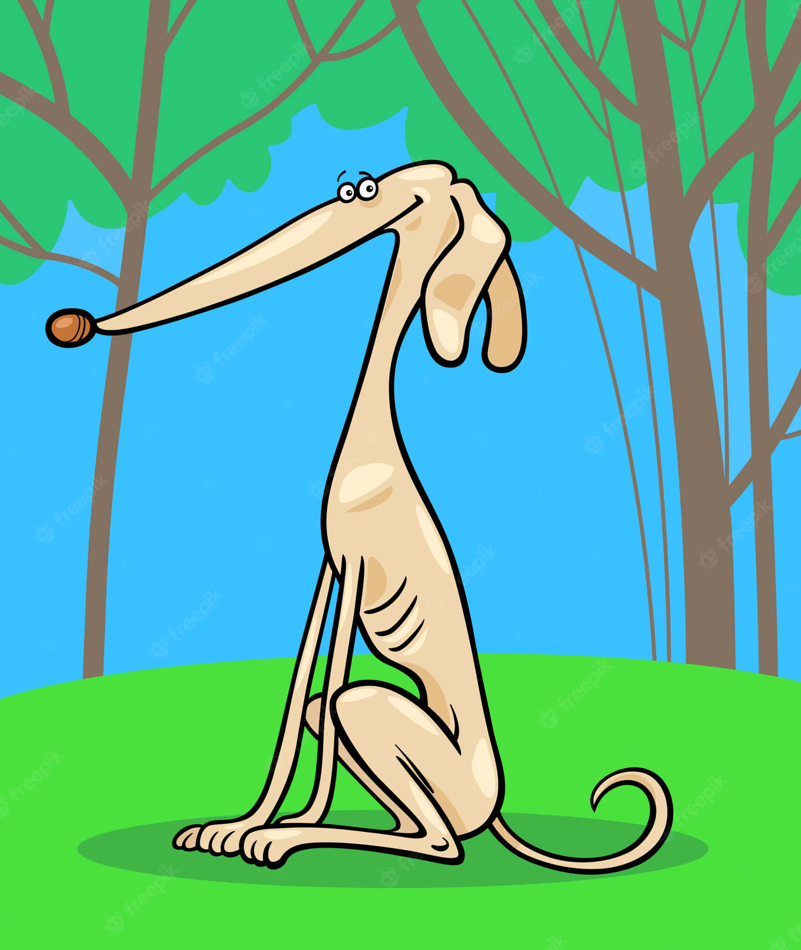 一隻卡通沙魯基犬坐在森林中的草丘上。