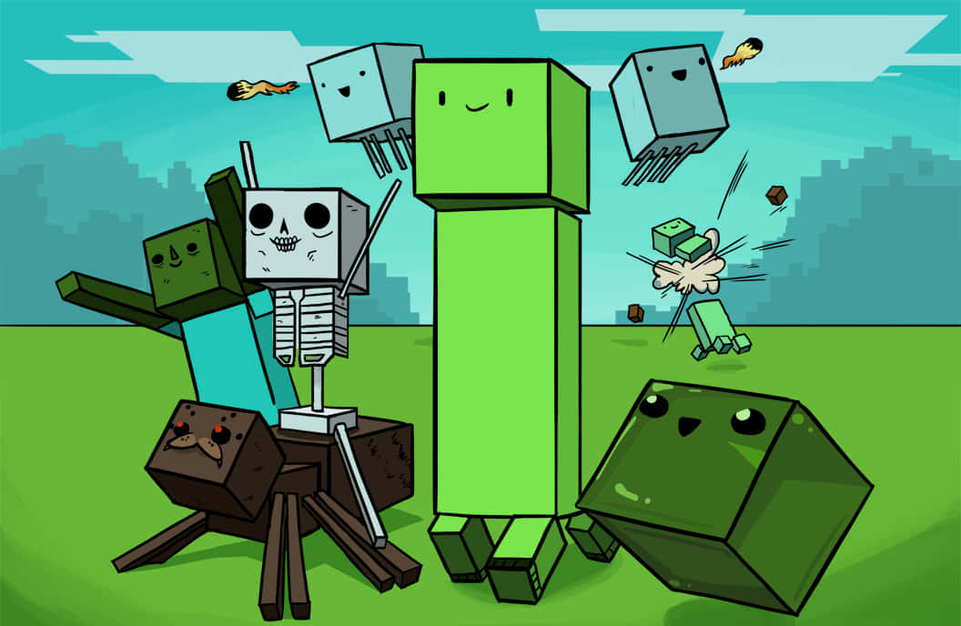 Minecraft Fan Art 桌布 壁紙 — 卡通風格的Minecraft生物，如苦力怕和骷髏，站在草地上，藍天下有浮動方塊和飛翔的雞。