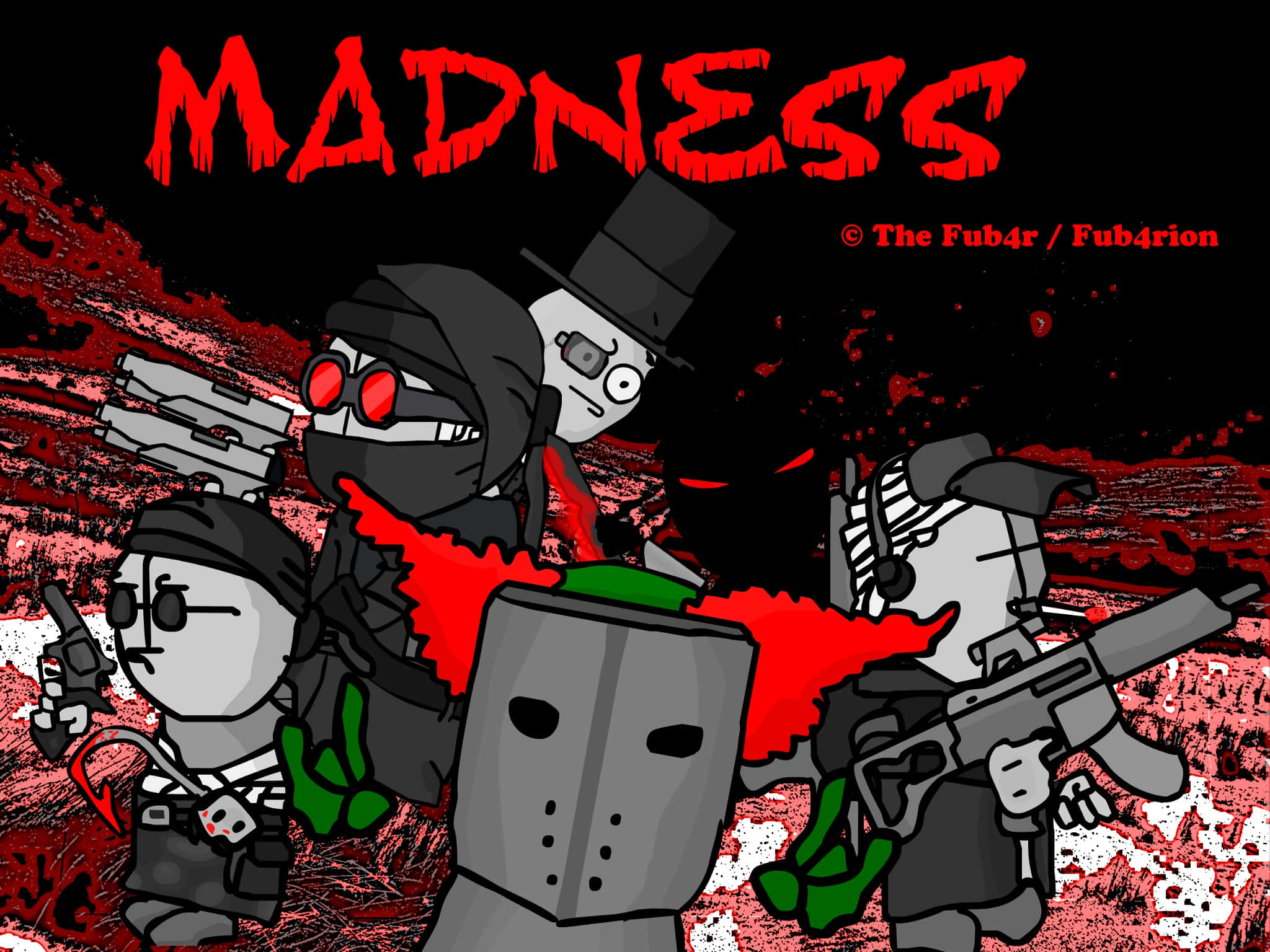 Madness Combat 桌布 壁紙 — 卡通風格的人物穿著深色裝備和面具，在血跡斑斑的紅黑背景前揮舞武器，並有「MADNESS」字樣以滴落的紅色字母呈現。