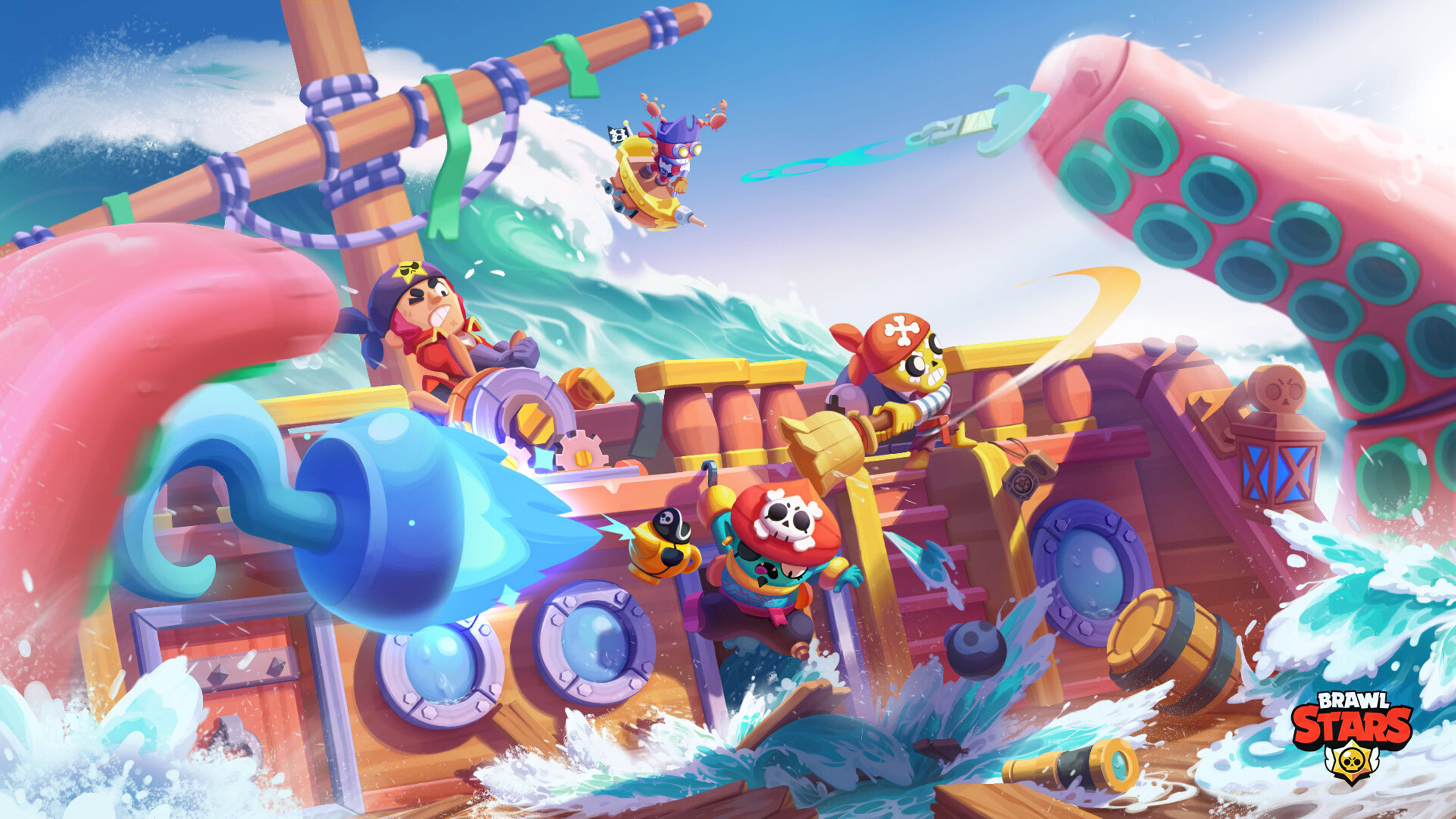 Brawl Stars 桌布 壁紙 — 卡通風格的海盜角色在波濤洶湧的海上與巨型章魚戰鬥，呈現充滿活力的Brawl Stars遊戲場景。