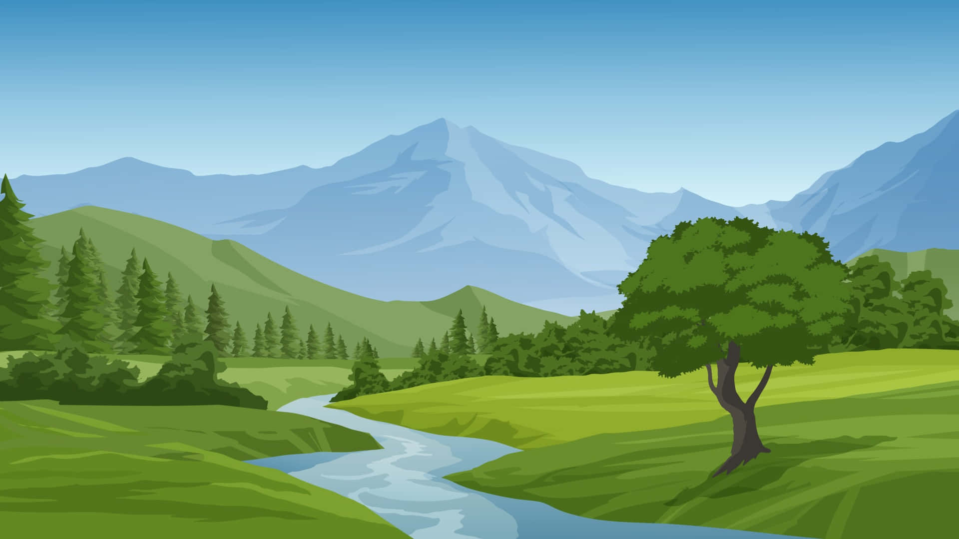 卡通風格的美麗山景圖 壁紙 — 一個寧靜的卡通風景，蜿蜒的河流流過一棵孤樹，流向遠處白雪覆蓋的山脈。